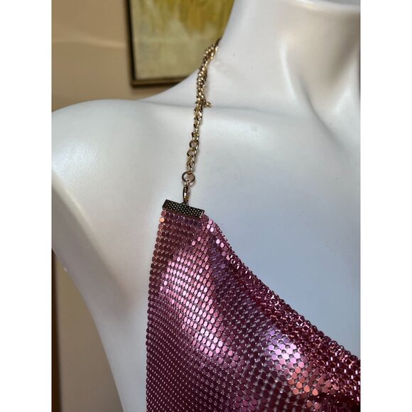 Pink Chainmail Mini Dress W/ Detachable Gold Chain Neck Strap & Draped Back OS - Picture 6 of 8